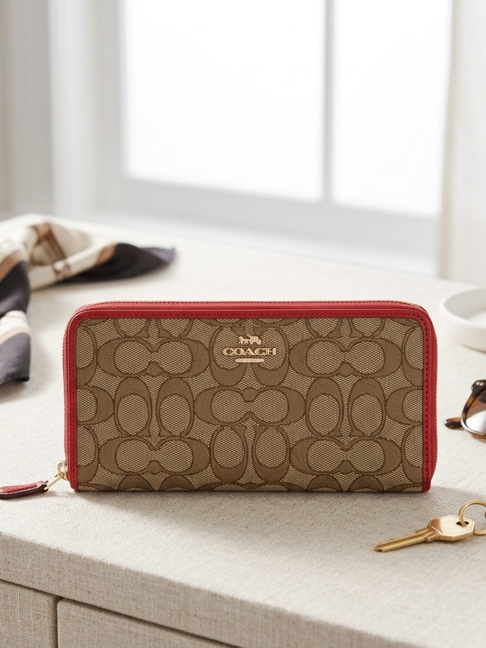 Coach Signature Accordion Zip-Around Wallet Signature Canvas Brown Red Trim